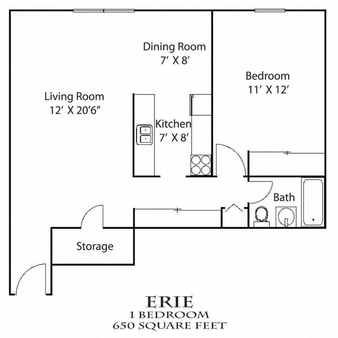 Floor plan for 1 bed, 1 bath, 775 sqft